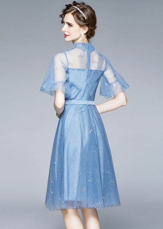 New Blue Embroideried Sequins Patchwork Tulle Mid Dress Puff Sleeve