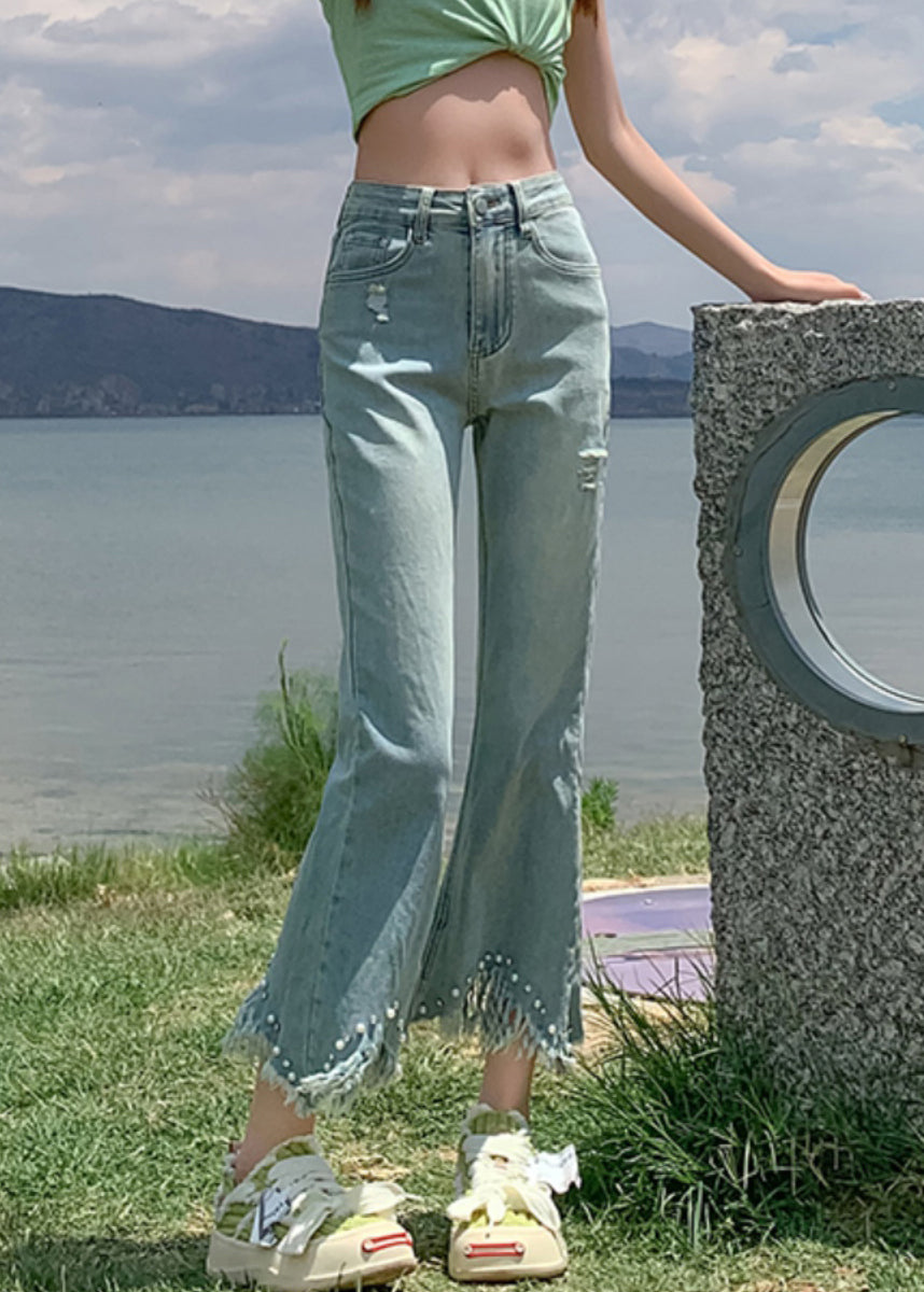 New Blue Tasseled Nail Bead High Waist Denim Crop Pants Summer