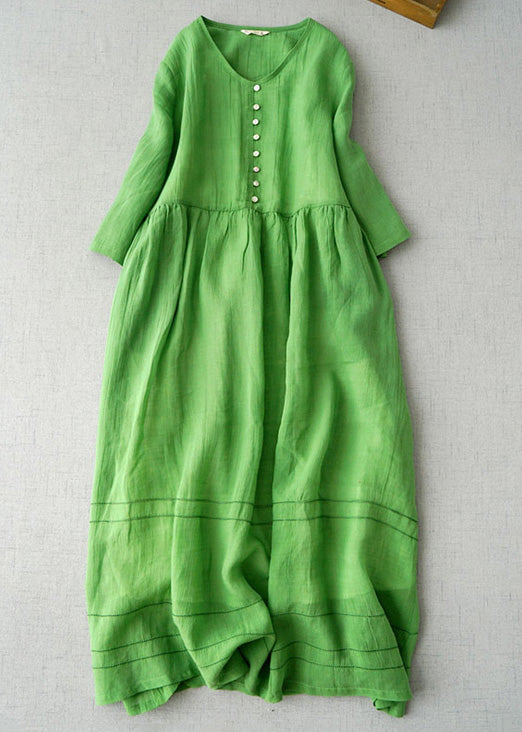 New Green V Neck Solid Linen Long Dress Bracelet Sleeve