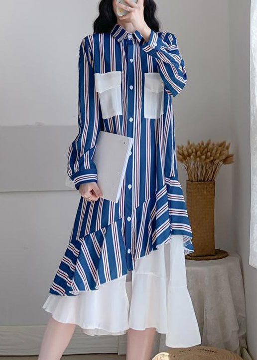 New Striped Peter Pan Collar Button Patchwork Chiffon Long Dress Spring