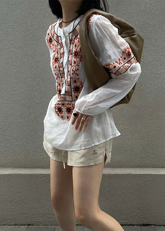 New White Embroideried Button Patchwork Cotton Blouses Fall