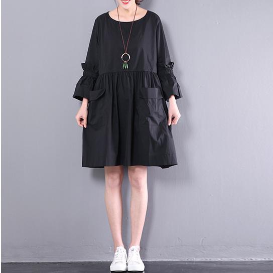 New black solid cotton dresses women shift dress plus size clothes - Omychic
