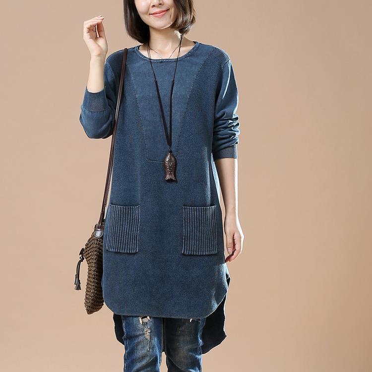New blue pocket causal sweaters oversized knit blouse - Omychic