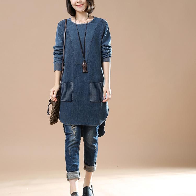 New blue pocket causal sweaters oversized knit blouse - Omychic
