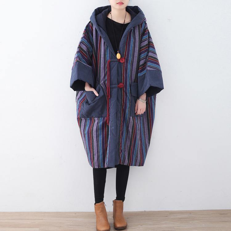 New blue purple striped cotton jacket plus size clothing hooded quilted coat Luxury coats - Omychic