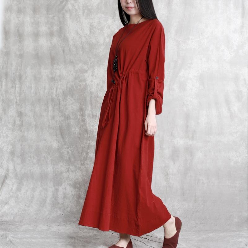 New burgundy linen maxi dress plus size side open cotton gown Fine dra ...