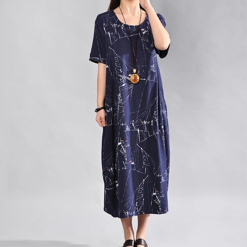 New dark blue linen dress plus size clothing prints long cotton dresses boutique short sleeve linen dresses - Omychic