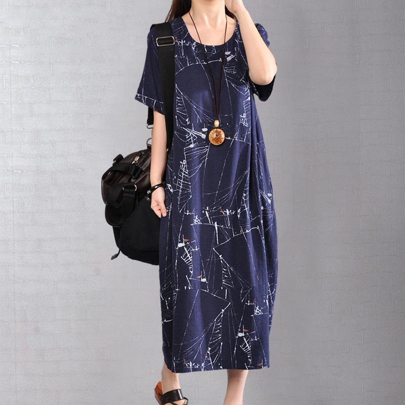 New dark blue linen dress plus size clothing prints long cotton dresses boutique short sleeve linen dresses - Omychic