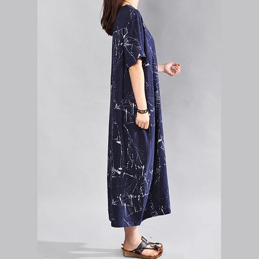 New dark blue linen dress plus size clothing prints long cotton dresses boutique short sleeve linen dresses - Omychic