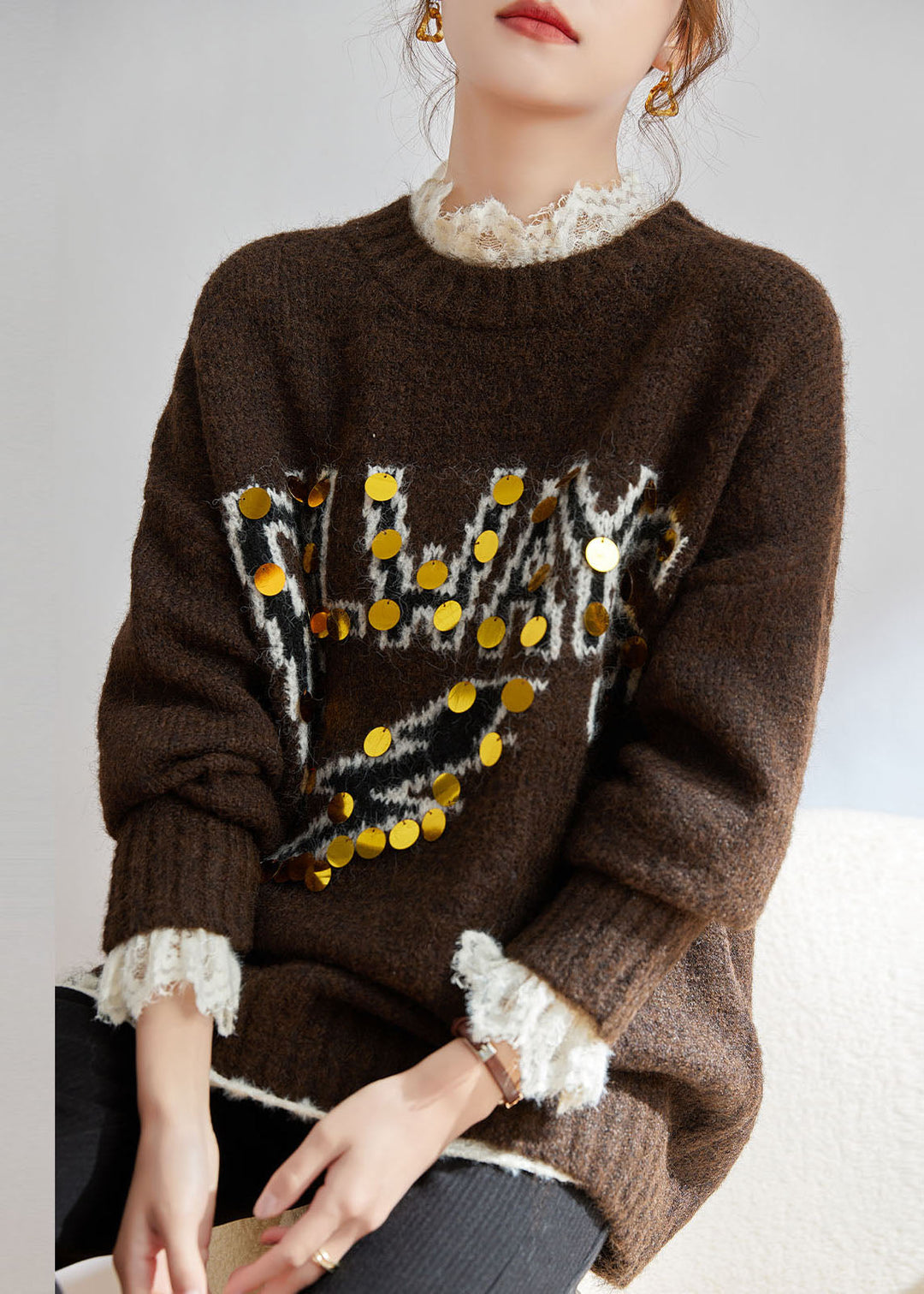 Novelty Coffee Graphic Sequins Thick Cotton Knit Sweaters Winter