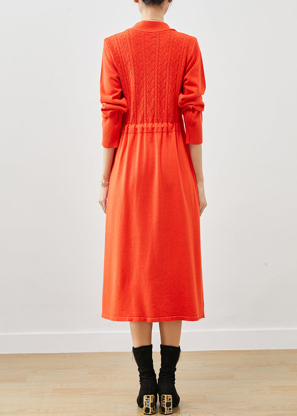 Orange Cable Knit A Line Dress Cinched Spring