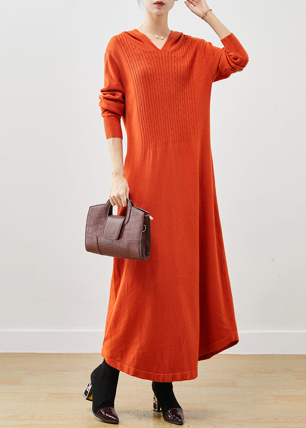 Orange Silm Fit Knit Ankle Dress Hooded Spring