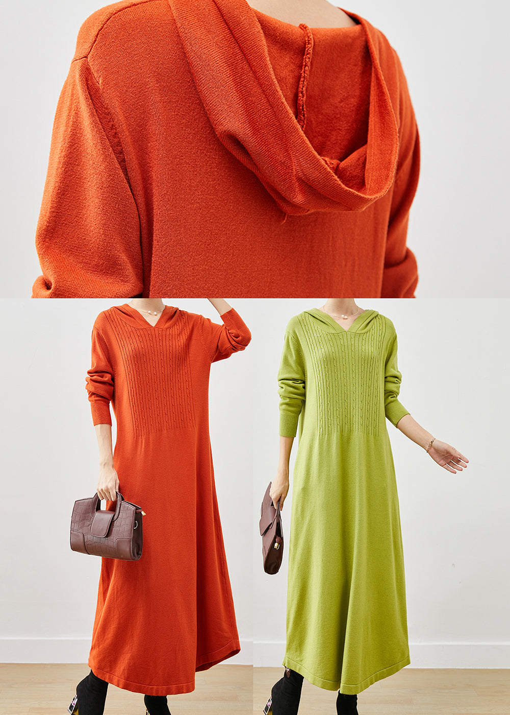 Orange Silm Fit Knit Ankle Dress Hooded Spring