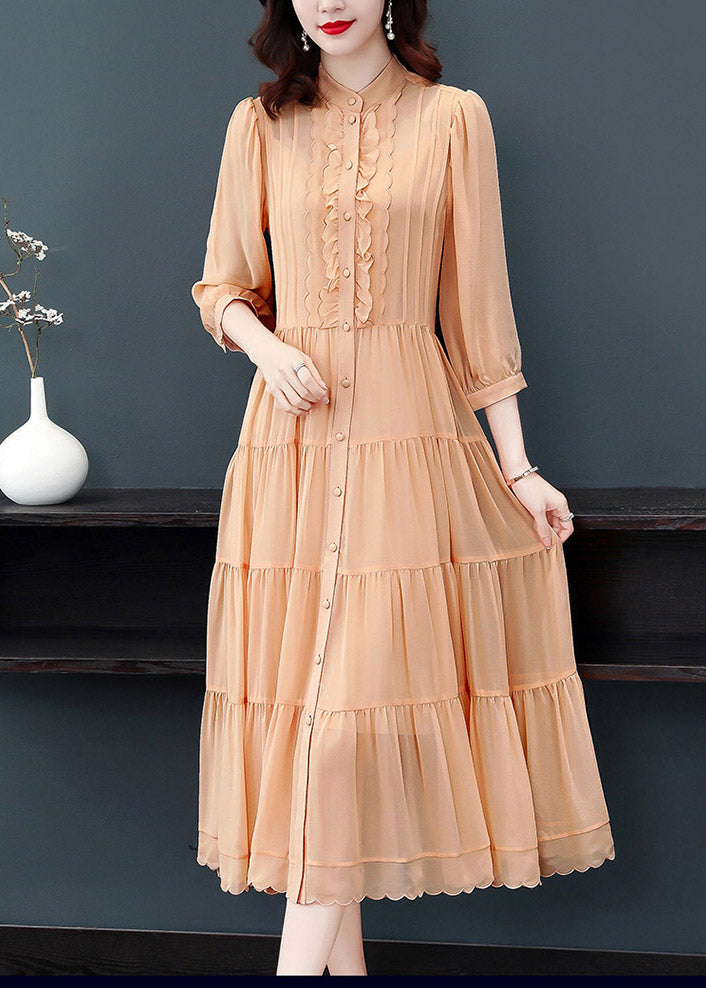 Orange Wrinkled Button Solid Silk Long Dress Lantern Sleeve