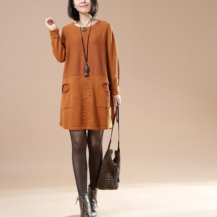 Orange split pockets sweaters plus size knit dresses - Omychic