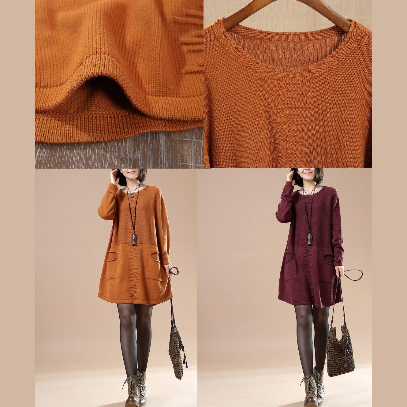 Orange split pockets sweaters plus size knit dresses - Omychic