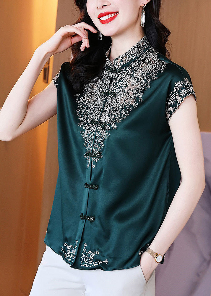 Organic Blackish Green Stand Collar Embroideried Hollow Out Button Silk Top Short Sleeve