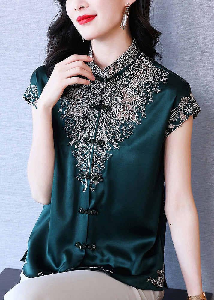 Organic Blackish Green Stand Collar Embroideried Hollow Out Button Silk Top Short Sleeve