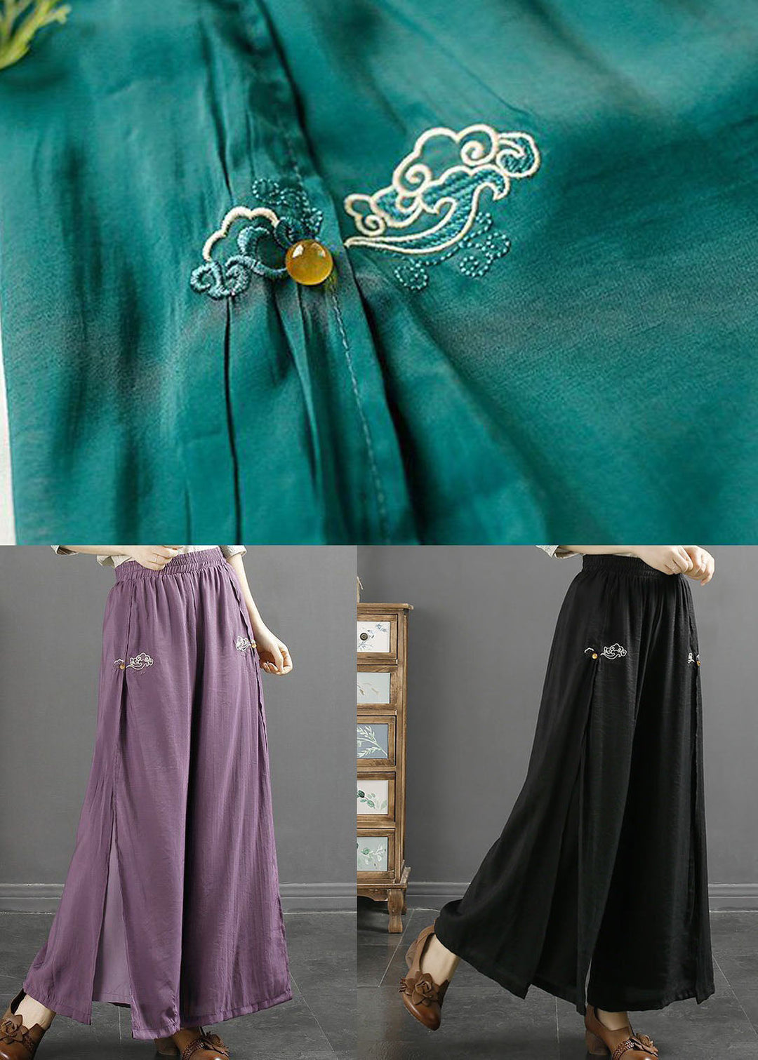 Organic Blue Embroideried High Waist Cotton Pants Skirt Summer