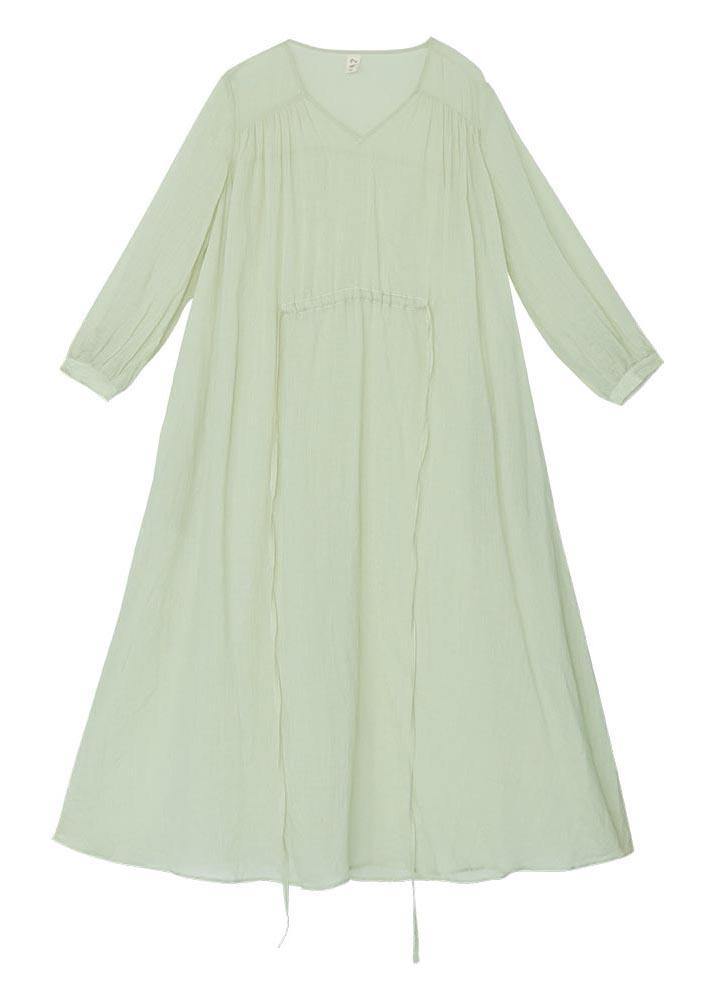 Organic Light Green V Neck Pockets Ankle Summer Linen Dress - Omychic