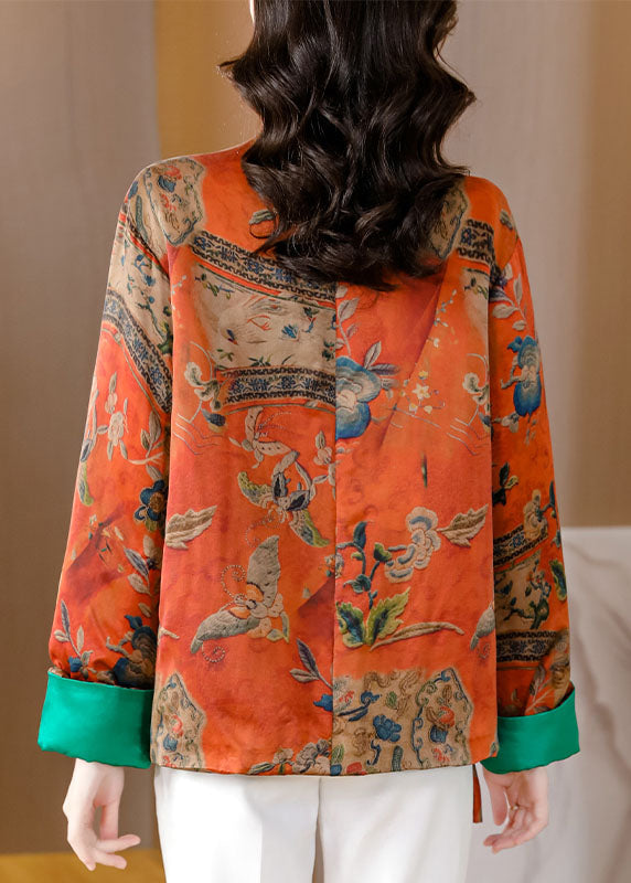 Organic Orange Print Tie Waist Cotton Coats Long Sleeve