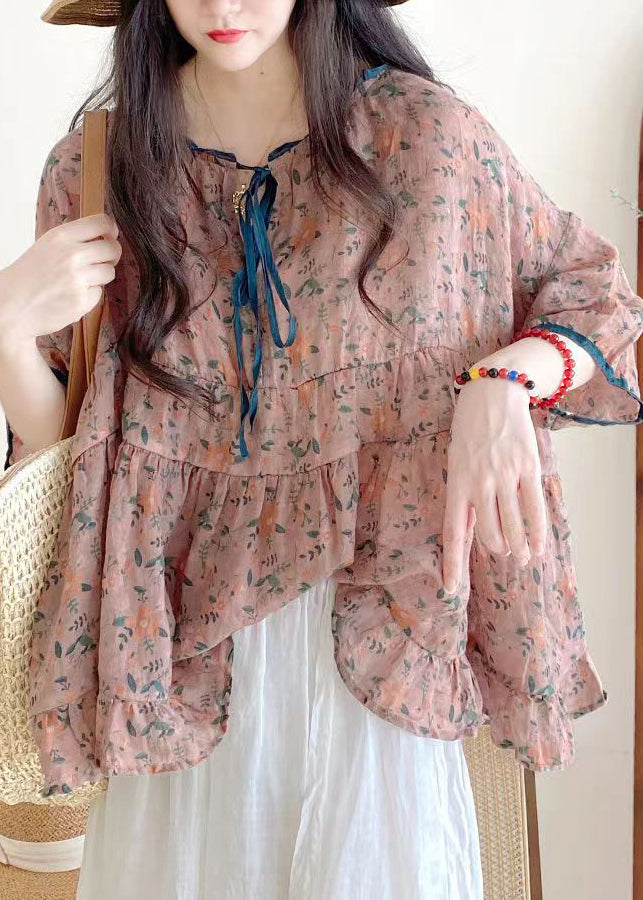 Organic Pink Ruffled Print Lace Up Cotton Shirts Half Sleeve