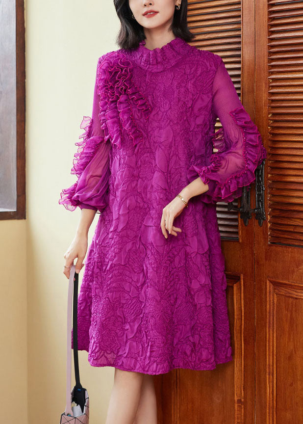 Organic Purple Stand Collar Ruffled Patchwork Wrinkled Maxi Dress Puff Sleeve