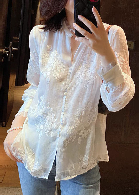 Organic White Embroideried Patchwork Silk Shirt Top Spring