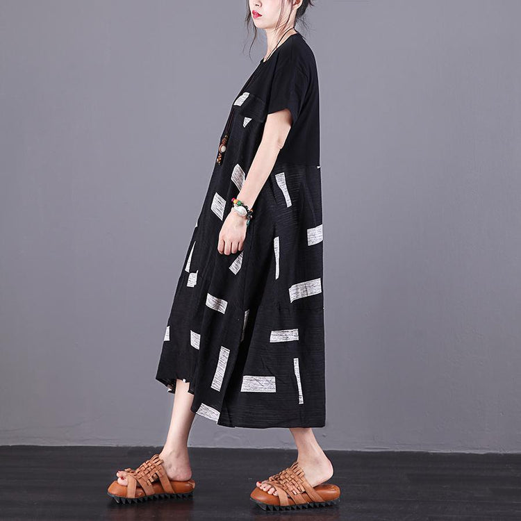 Organic black linen clothes For Women o neck patchwork Kaftan summer Dresses - Omychic