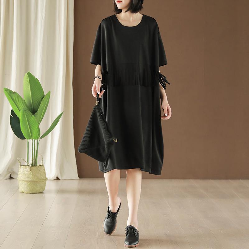 Organic o neck tassel Cotton dress Wardrobes black Dresses summer - Omychic