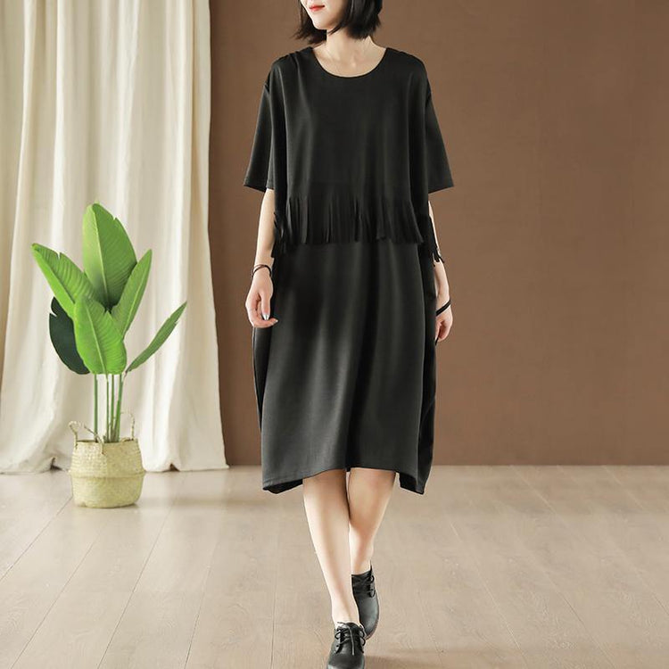 Organic o neck tassel Cotton dress Wardrobes black Dresses summer - Omychic