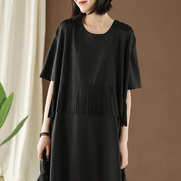 Organic o neck tassel Cotton dress Wardrobes black Dresses summer - Omychic