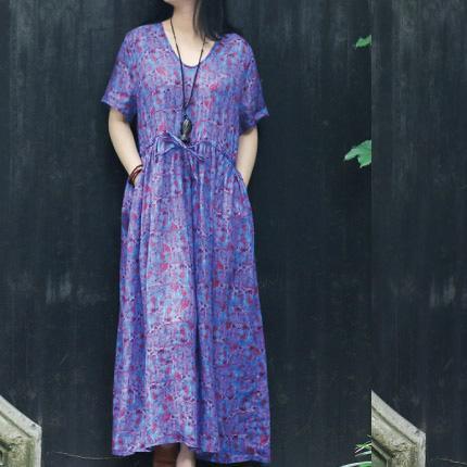 Organic purple print cotton dresses Metropolitan Museum Fashion Ideas o neck tie waist Traveling Summer Dress - Omychic