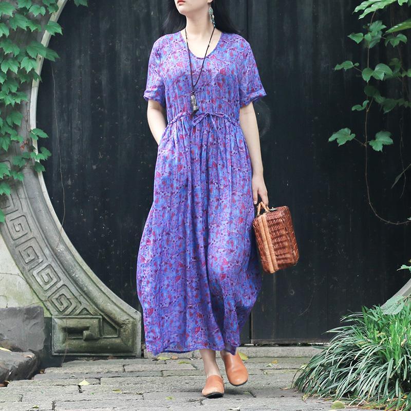 Organic purple print cotton dresses Metropolitan Museum Fashion Ideas o neck tie waist Traveling Summer Dress - Omychic