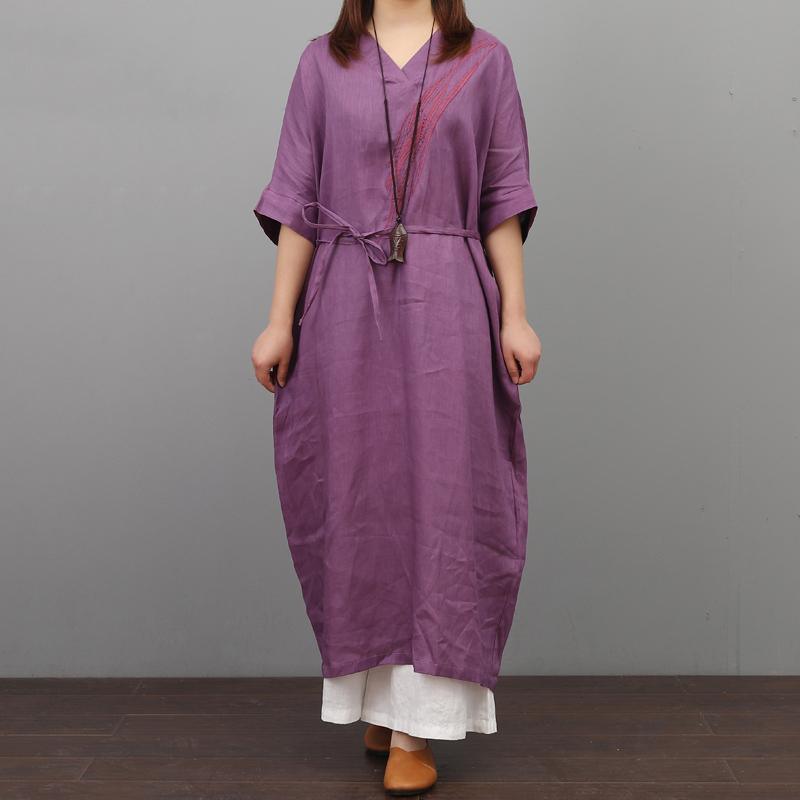 Organic tie waist linen clothes Sewing purple Dresses summer - Omychic