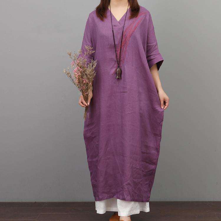 Organic tie waist linen clothes Sewing purple Dresses summer - Omychic