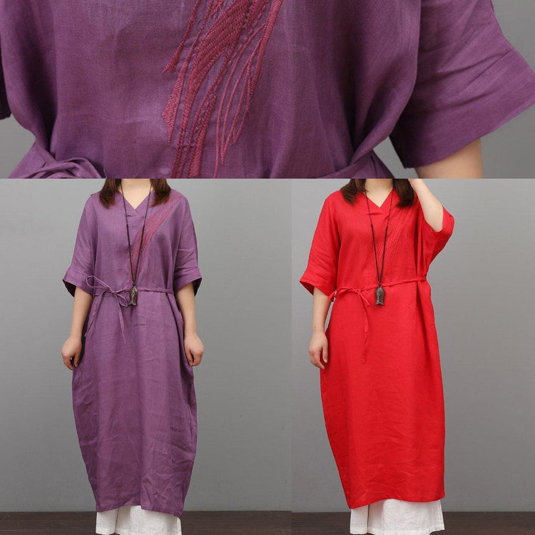 Organic tie waist linen clothes Sewing purple Dresses summer - Omychic