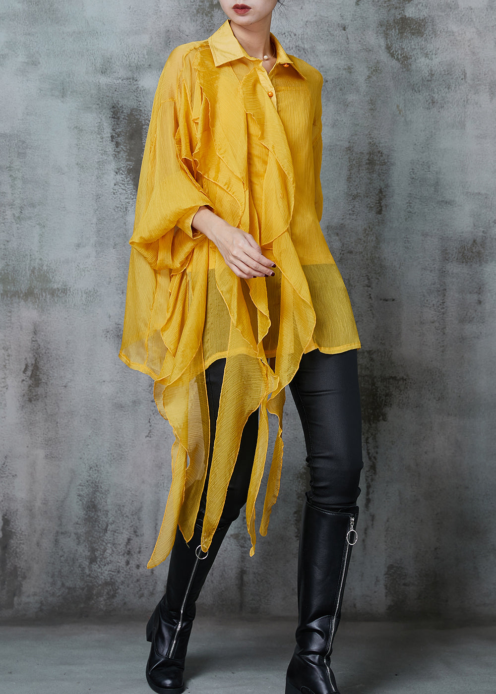 Original Design Yellow Asymmetrical Design Chiffon Blouses Spring