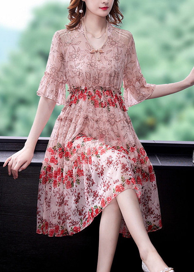 Pink Ruffled Chiffon Long Dress Short Sleeve