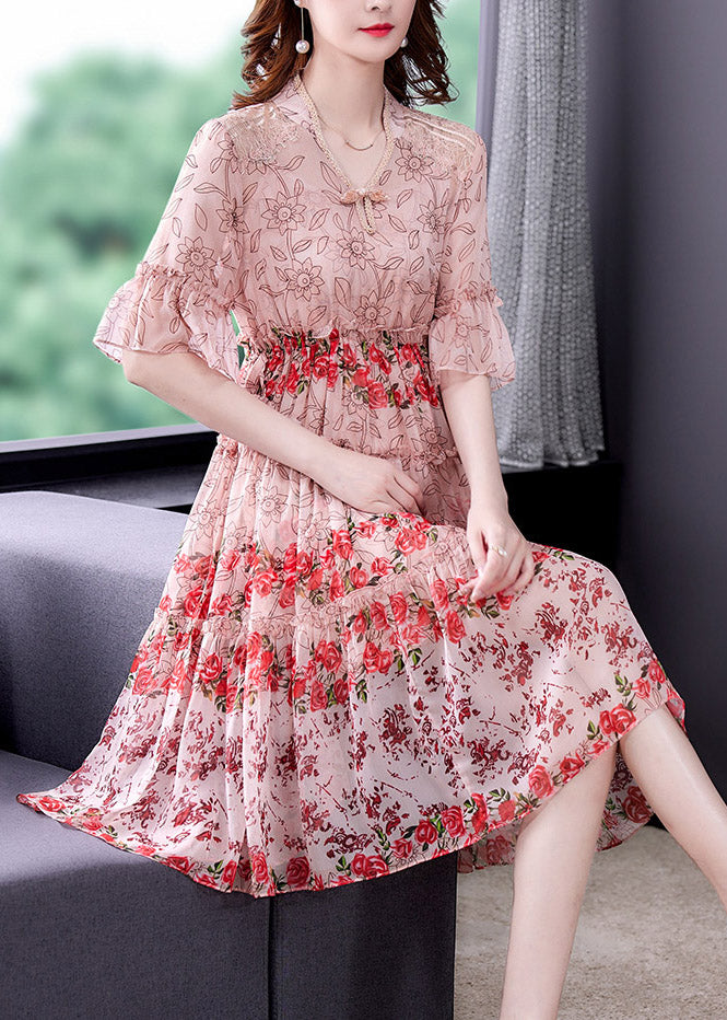 Pink Ruffled Chiffon Long Dress Short Sleeve