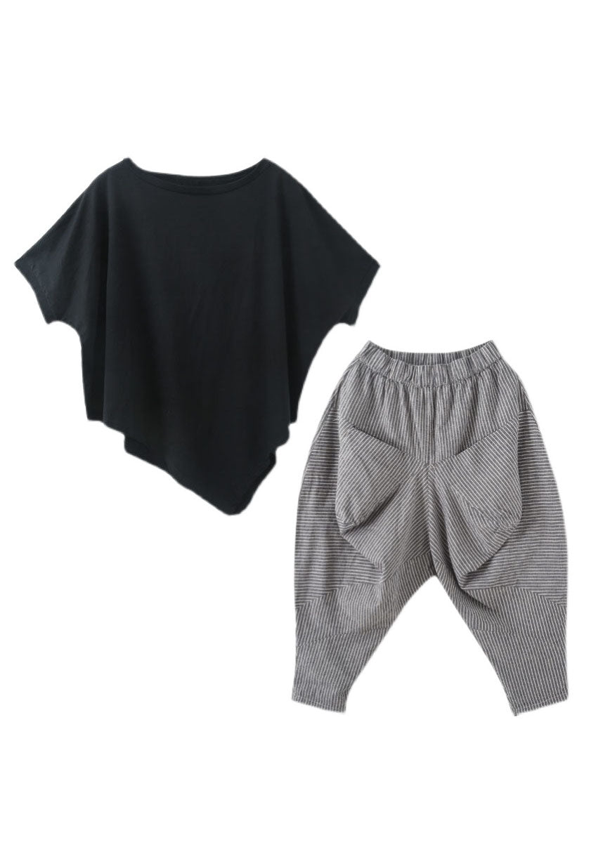 Plus Size Black O-Neck Asymmetrical Tops And Pants Cotton Two Pieces Set Summer