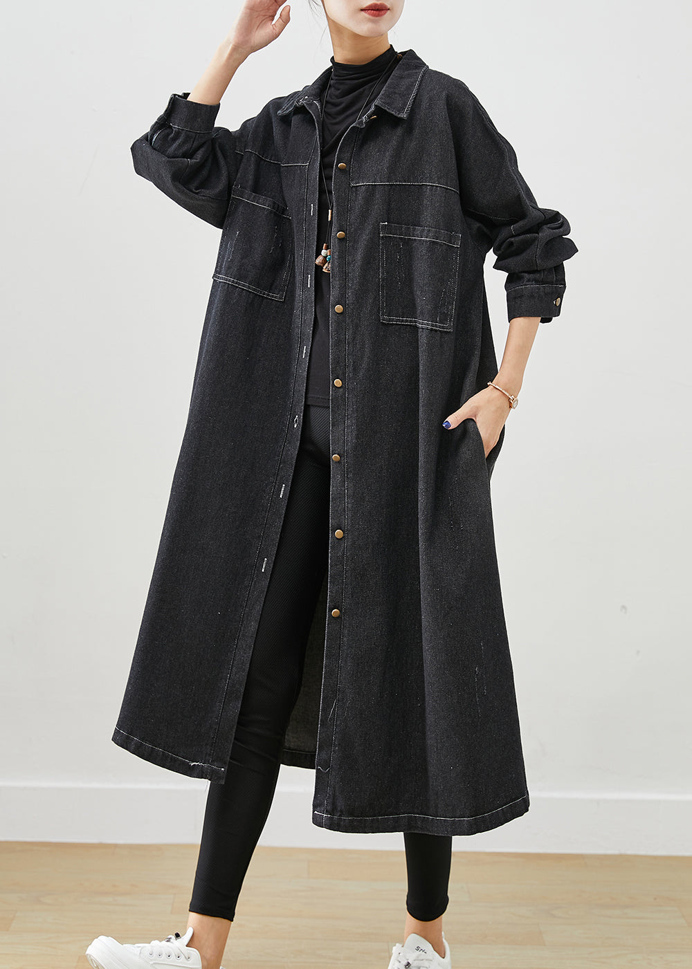 Plus Size Black Oversized Pockets Cotton Coats Fall