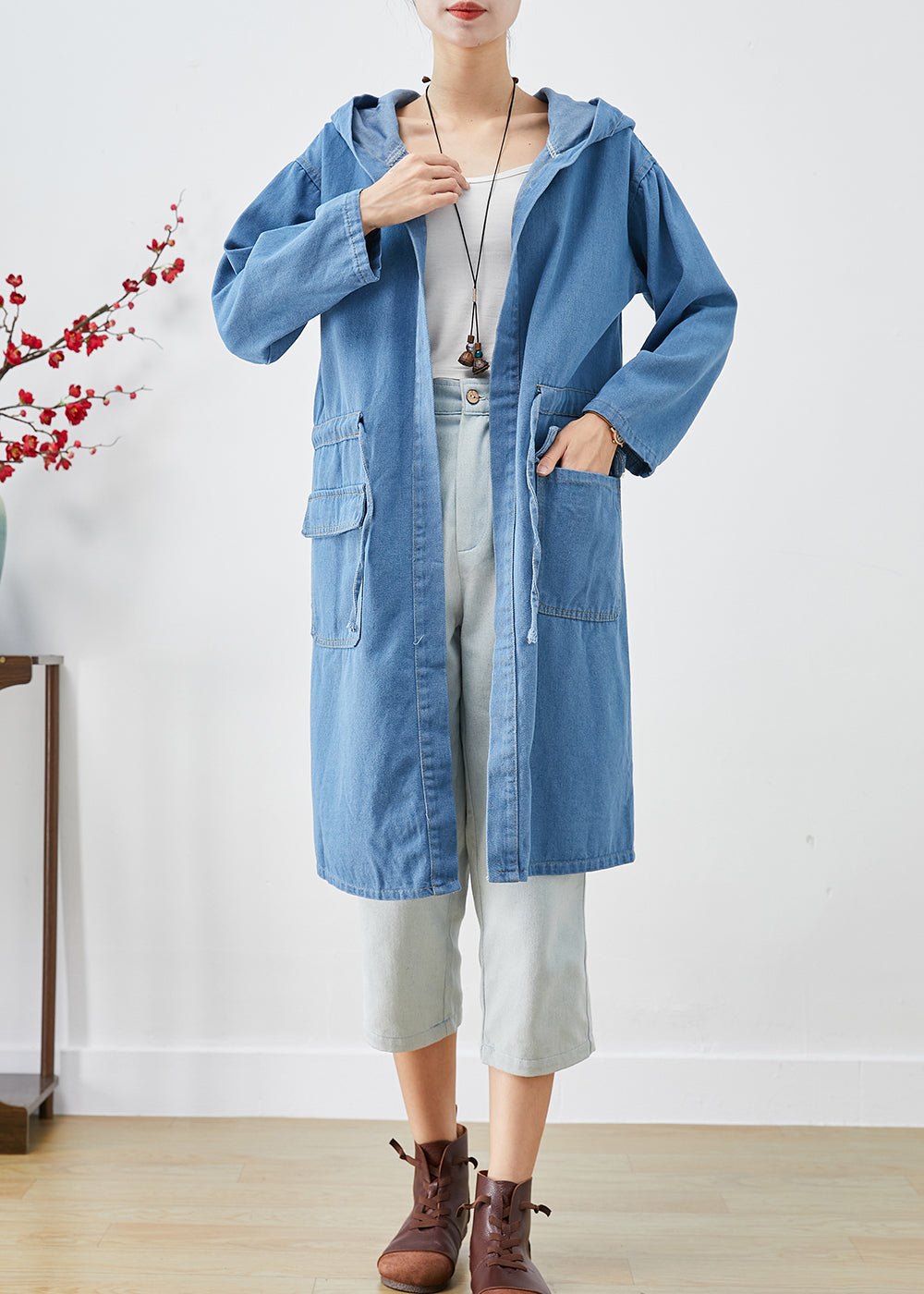 Plus Size Blue Cinched Hooded Denim Trench Fall