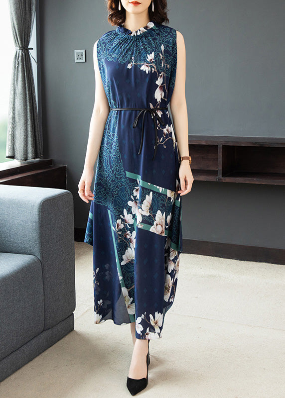 Plus Size Blue Stand Collar Print Silk Long Dresses Sleeveless