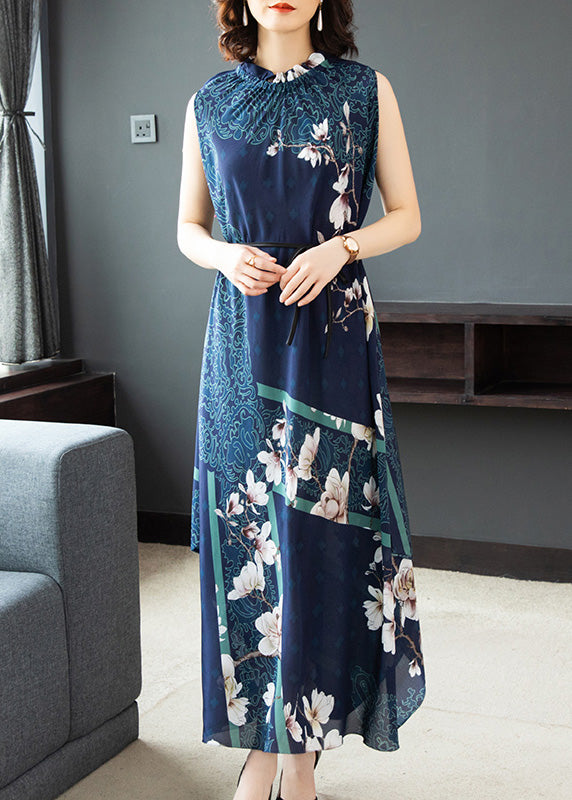 Plus Size Blue Stand Collar Print Silk Long Dresses Sleeveless