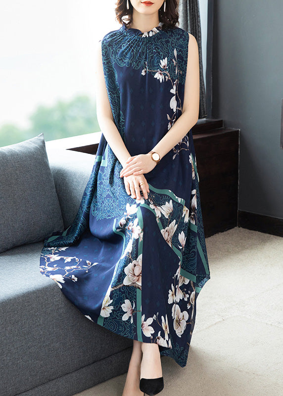 Plus Size Blue Stand Collar Print Silk Long Dresses Sleeveless