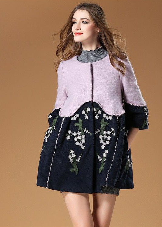 Plus Size Colorblock O-Neck Embroideried Patchwork Woolen Trench Spring