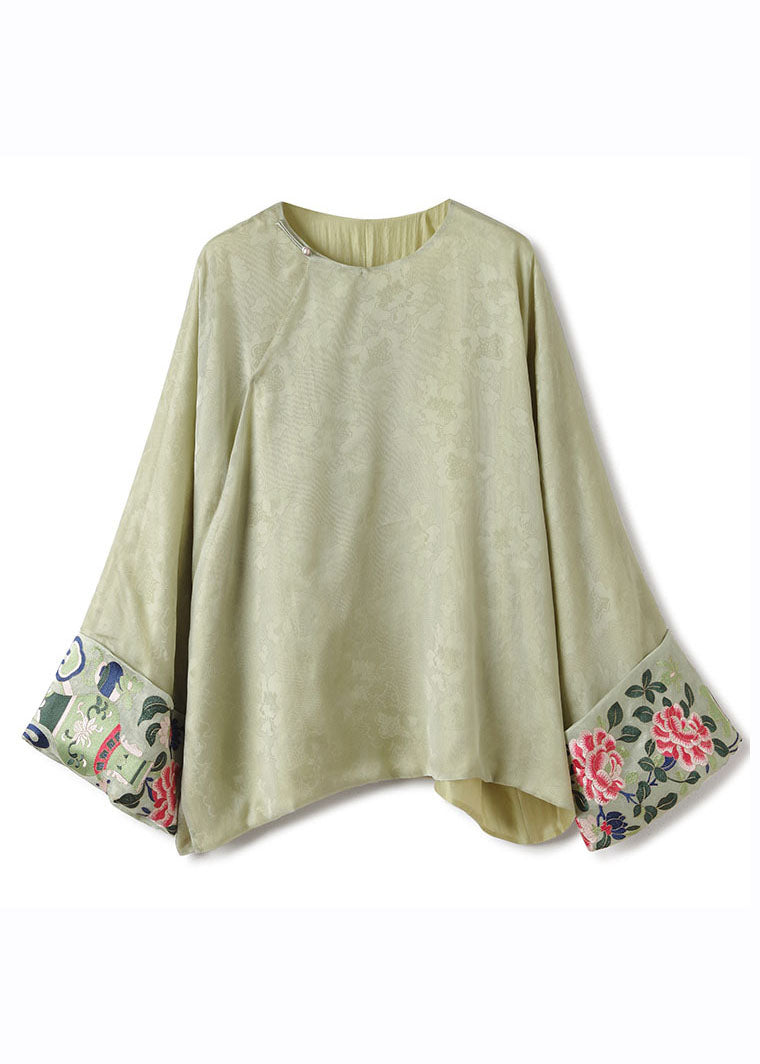 Plus Size Green O-Neck Asymmetrical Embroideried Silk Shirts Fall