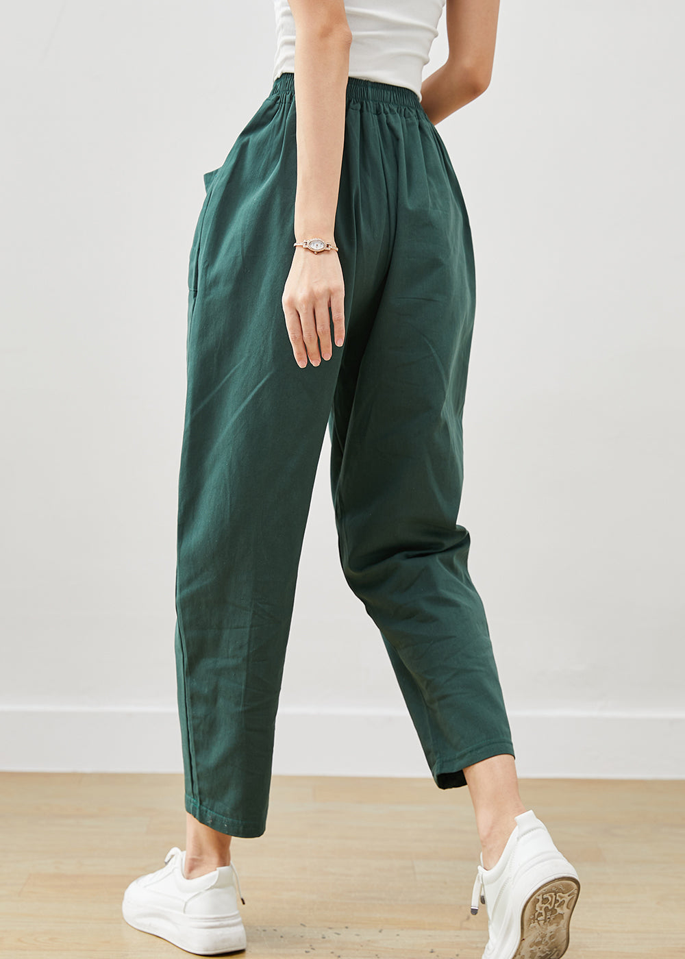 Plus Size Green Oversized Pockets Cotton Harem Pants Fall