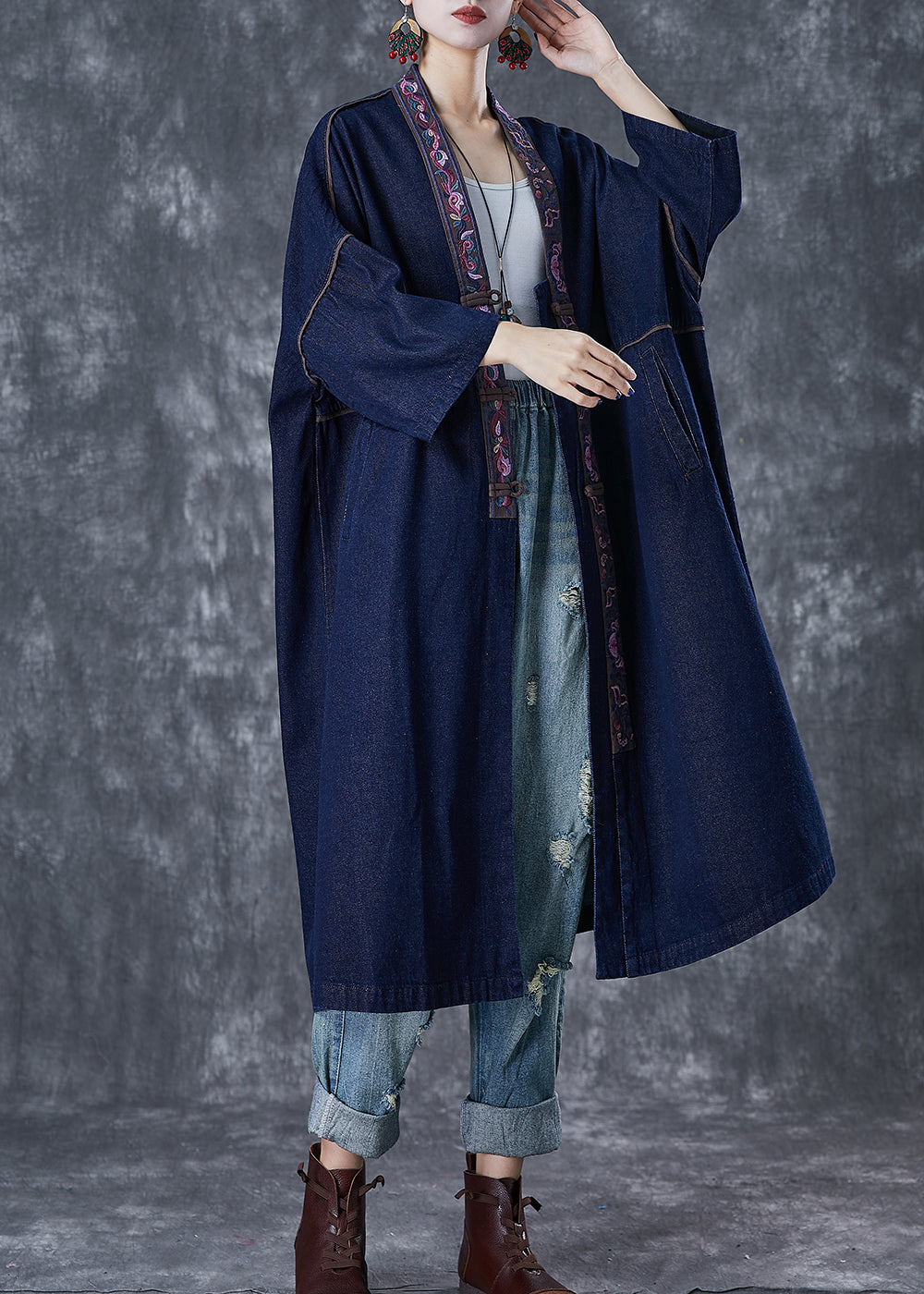 Plus Size Navy Embroideried Chinese Button Denim Trench Fall